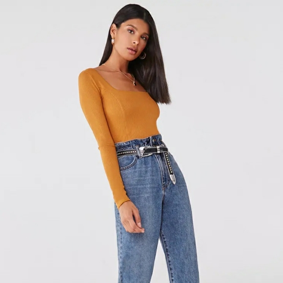 F21 Mustard Yellow Ribbed Scoop Neck Long sleeve💛 - Picture 6 of 9